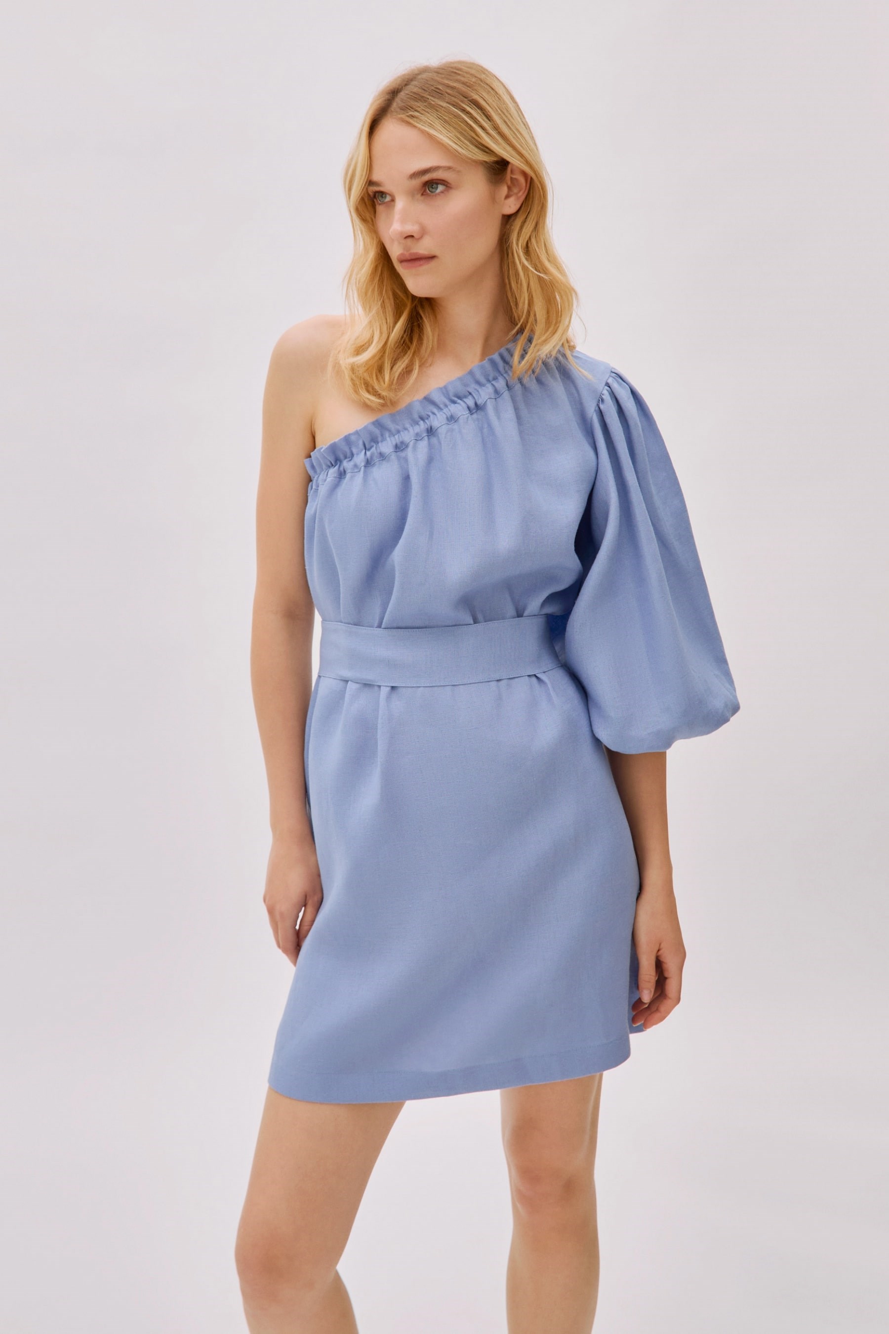 Florence Cloud Blue Linen One Sleeve Mini Dress - Labeca London