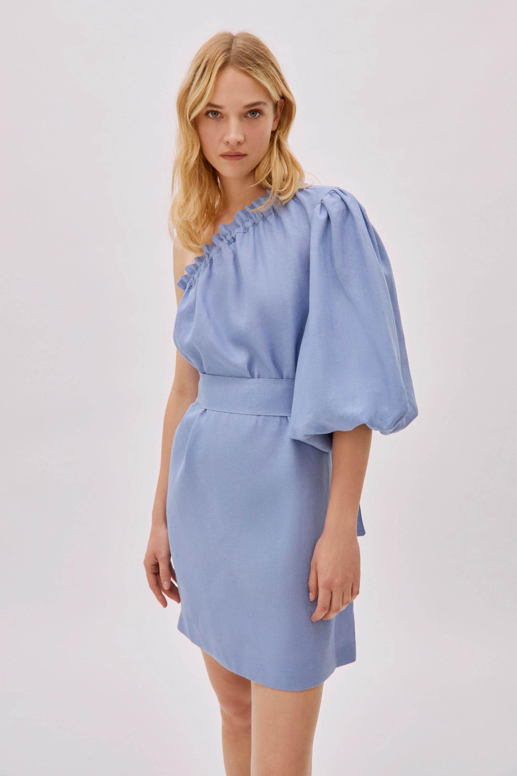 Florence Cloud Blue Linen One Sleeve Mini Dress - Labeca London