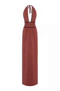 Billie Brick Red Halter Neck Plunge Jersey Maxi Dress