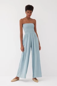 Mare Ocean Blue Cotton Shirred Jumpsuit