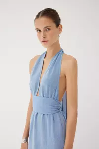 Meri Powder Blue Halter Neck Plunge Dress