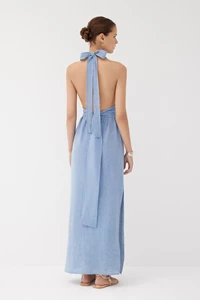 Meri Powder Blue Halter Neck Plunge Dress