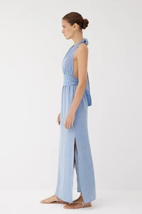 Meri Powder Blue Halter Neck Plunge Dress