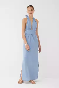 Meri Powder Blue Halter Neck Plunge Dress