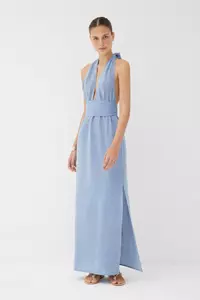 Meri Powder Blue Halter Neck Plunge Dress