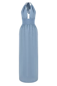 Meri Powder Blue Halter Neck Plunge Dress