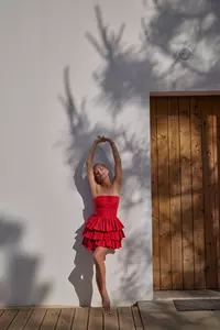 Mila Goji Red Linen Strapless Mini Ruffle Dress