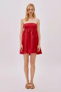 Mykonos Deep Red Linen Strapless Mini Dress