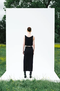 Sabrina Navy Contrast Stitch Wool Midi Skirt