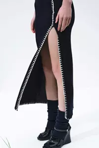 Sabrina Navy Contrast Stitch Wool Midi Skirt