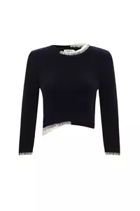 Selene Navy Wool Contrast Stitch Sweater