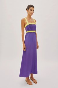 Sicily Twilight Purple and Lemon Yellow Linen Contrast Strap Midi Dress
