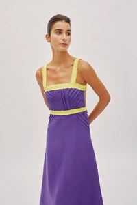 Sicily Twilight Purple and Lemon Yellow Linen Contrast Strap Midi Dress