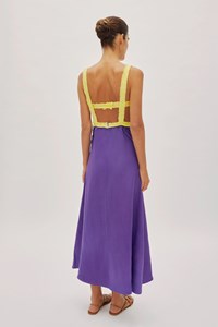 Sicily Twilight Purple and Lemon Yellow Linen Contrast Strap Midi Dress