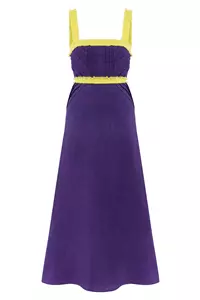 Sicily Twilight Purple and Lemon Yellow Linen Contrast Strap Midi Dress
