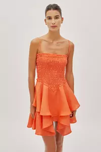 Sorrento Citrus Orange Linen Shirred Mini Dress