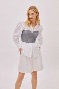 Storm Blue Striped Linen-Blend Bustier Top