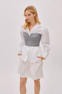 Storm Blue Striped Linen-Blend Bustier Top