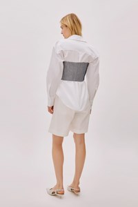 Storm Blue Striped Linen-Blend Bustier Top