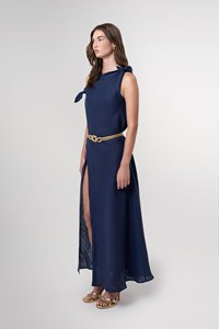 Valeria Navy Off Shoulder Maxi Linen Dress