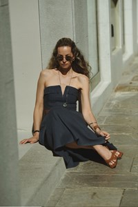 Dune Indigo Linen Fringe V Neck Crop Top