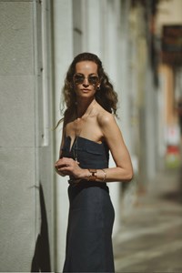 Dune Indigo Linen Fringe V Neck Crop Top