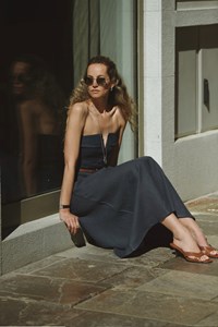 Dune Indigo Linen Fringe V Neck Crop Top