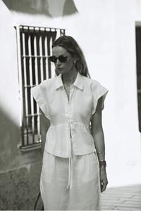 Galia Ecru Linen Tie Short Sleeve Shirt