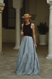 Tamsin Linen Black and Dusty Blue Split Maxi Dress