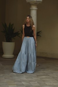 Tamsin Linen Black and Dusty Blue Split Maxi Dress