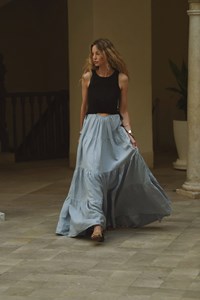 Tamsin Linen Black and Dusty Blue Split Maxi Dress