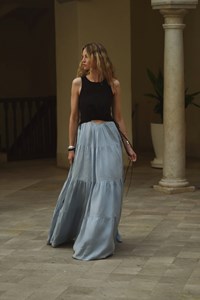 Tamsin Linen Black and Dusty Blue Split Maxi Dress