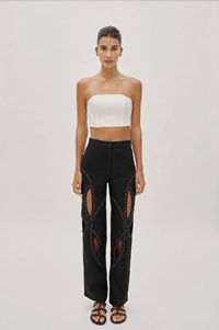 Asher Black Linen Cut Out Contrast Stitch Pants