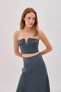 Dune Indigo Linen Fringe V Neck Crop Top