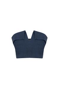 Dune Indigo Linen Fringe V Neck Crop Top