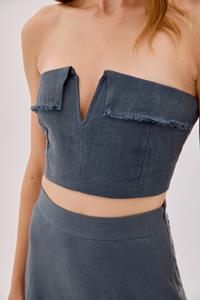 Dune Indigo Linen Fringe V Neck Crop Top