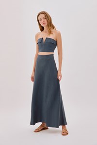 Dune Indigo Linen Fringe V Neck Crop Top