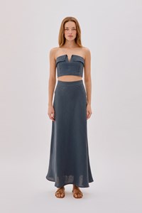 Dune Indigo Linen Fringe V Neck Crop Top