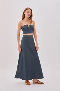Dune Indigo Linen Fringe V Neck Crop Top