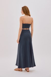 Dune Indigo Linen Fringe V Neck Crop Top