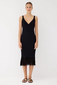 Elise Black Fringe Midi Dress