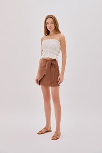 Asher Cappuccino Linen Cut Out Contrast Stitch Wrap Skirt
