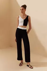 Black & White Ribbed Flared Pants