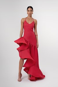 Sahra Red Asymmetric Structured Linen Maxi Dress