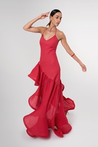 Sahra Red Asymmetric Structured Linen Maxi Dress