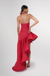 Sahra Red Asymmetric Structured Linen Maxi Dress