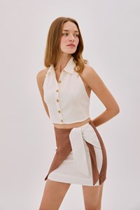 Leah Ecru Linen Collared Crop Top