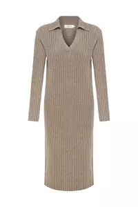 Naomi Coffee V Neck Cashmere-Blend Midi Dress