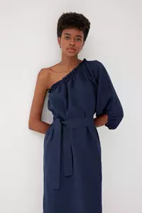 Sardinia Navy Linen One Sleeve Dress