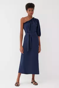 Sardinia Navy Linen One Sleeve Dress